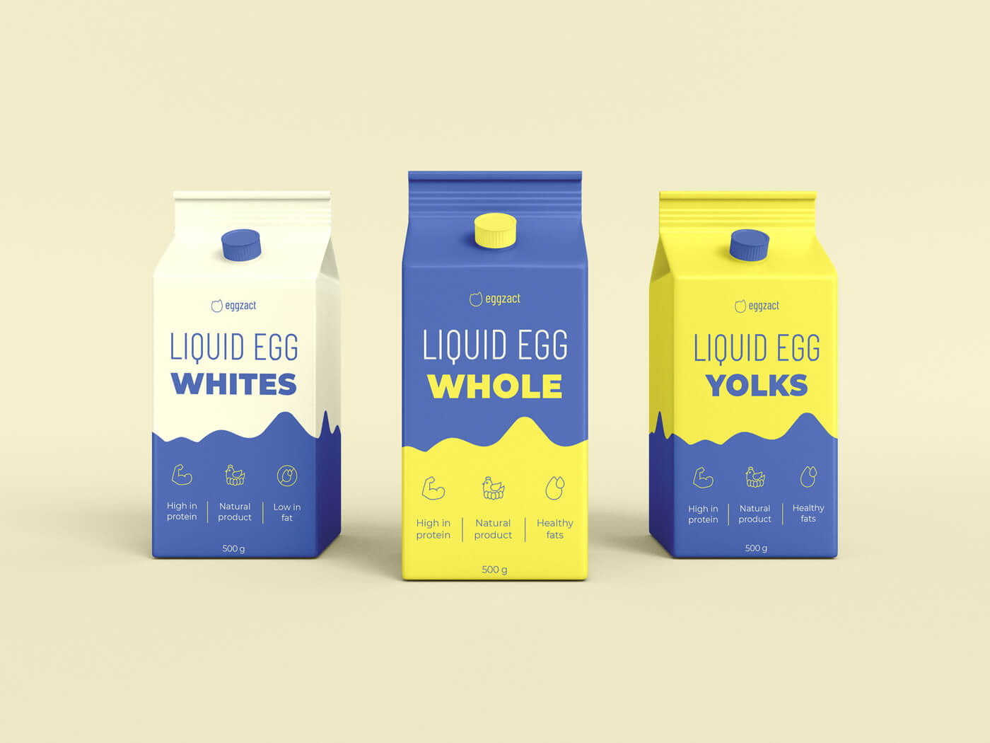 eggzact - Product packaging design for liquid egg whites, liquid egg yolks and liquid whole eggs