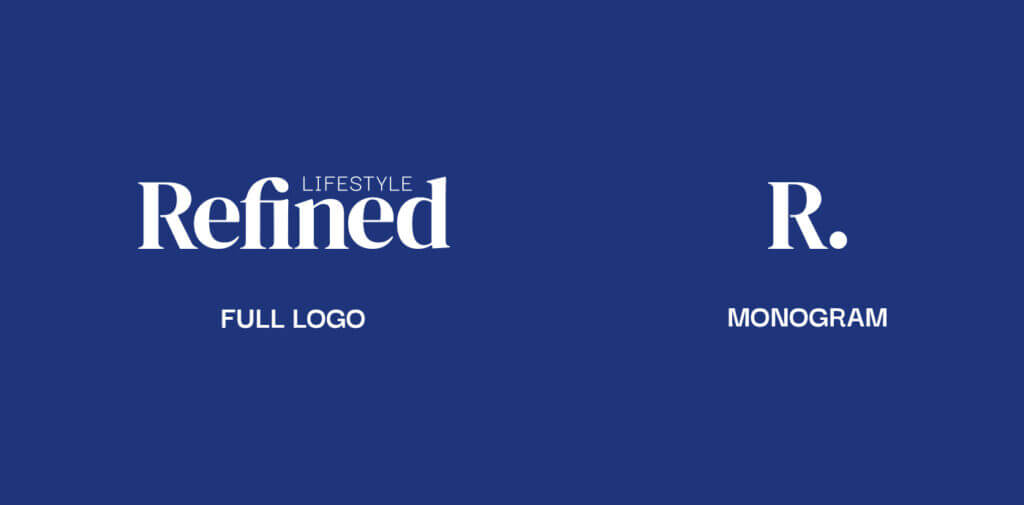 Refined Lifestyle - Logo variations, full logo and monogram, blue background