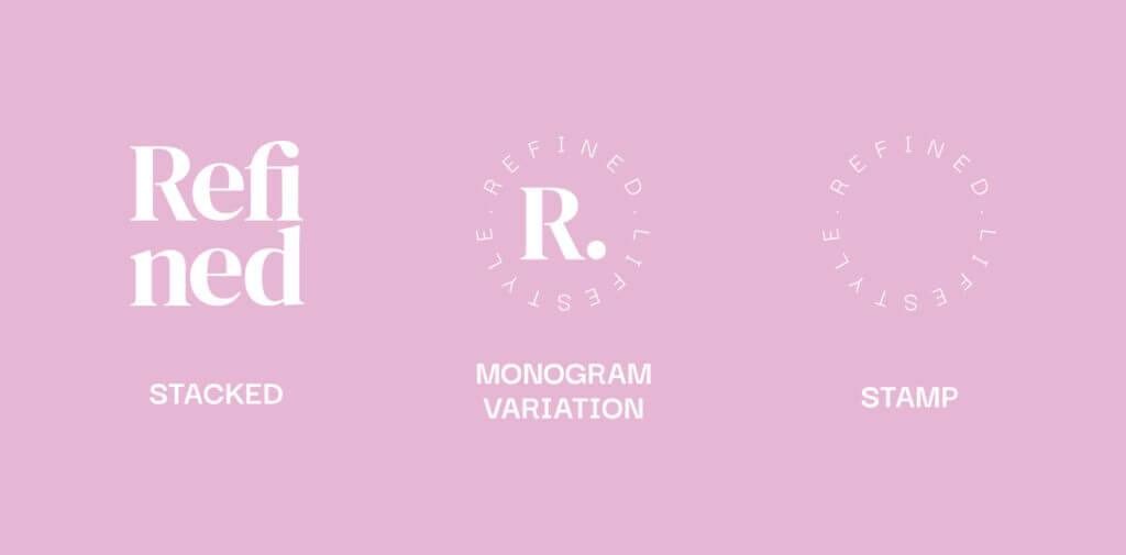 Refined Lifestyle - Logo variations, stacked logo, monogram variation and stamp, pink background